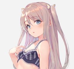 Rule 34 | 1girl, blue eyes, blush, bow, bra, breasts, commentary request, grey background, hair bow, hand on own chest, light brown hair, long hair, looking at viewer, original, parted lips, shirabi, simple background, small breasts, solo, two side up, underwear, upper body