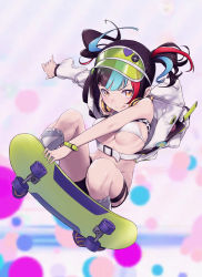 Rule 34 | 1girl, absurdres, bare shoulders, bikini, bikini top only, black hair, black shorts, blue hair, blush, breasts, cleavage, daisi gi, fate/grand order, fate (series), green hat, hat, headphones, headphones around neck, highres, jacket, large breasts, long hair, looking at viewer, multicolored hair, off shoulder, open clothes, open jacket, red hair, sei shounagon (fate), sei shounagon (swimsuit berserker) (fate), short shorts, shorts, sidelocks, skateboard, skateboarding, smile, solo, swimsuit, thighs, tongue, tongue out, twintails, visor cap, white bikini, white jacket, yellow eyes