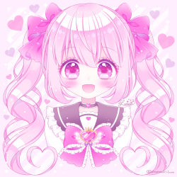Rule 34 | 1girl, :d, black sailor collar, blush, bow, commentary request, cropped torso, diagonal stripes, frilled bow, frilled sailor collar, frills, hair between eyes, hair bow, heart, heart background, heart in eye, himetsuki luna, long hair, open mouth, original, pink background, pink hair, purple bow, sailor collar, school uniform, serafuku, shirt, sidelocks, signature, smile, solo, sparkle, striped, striped background, symbol in eye, twintails, twitter username, upper body, white shirt