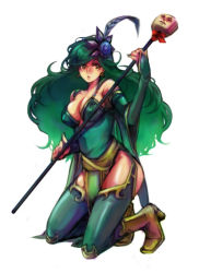Rule 34 | 1990s (style), 1girl, 9wa, bad id, bad pixiv id, boots, breasts, cape, cleavage, detached sleeves, final fantasy, final fantasy iv, green hair, green thighhighs, hair ornament, jewelry, large breasts, long hair, aged up, retro artstyle, rydia (ff4), solo, staff, thighhighs, yellow footwear