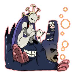 Rule 34 | 1girl, bad id, bad pixiv id, black sclera, breasts, colored sclera, cross, cross necklace, crown, cup, double (skullgirls), dual persona, extra eyes, extra mouth, habit, jewelry, kairui, medium breasts, monster, necklace, nun, red eyes, skullgirls, teacup, teapot, traditional nun, transparent background