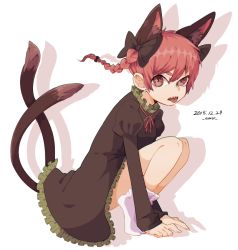 Rule 34 | 1girl, animal ears, bow, braid, cat ears, cat tail, dated, dress, earrings, extra ears, full body, hair bow, jewelry, kaenbyou rin, long hair, long sleeves, multiple tails, namataro, open mouth, puffy sleeves, red eyes, red hair, sharp teeth, simple background, socks, solo, squatting, tail, teeth, tiptoes, tongue, tongue out, touhou, twin braids, twitter username, white background, white socks