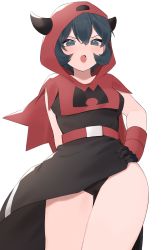 Rule 34 | 1girl, :o, belt, belt buckle, black hair, blush, breasts, buckle, commentary request, courtney (pokemon), creatures (company), fake horns, from below, game freak, gloves, grey eyes, hair between eyes, hand on own hip, highres, hood, hood up, horns, looking at viewer, nagoooon 114, nintendo, open mouth, pokemon, pokemon adventures, pokemon rse, red belt, short hair, simple background, solo, team magma, team magma uniform, tongue, white background