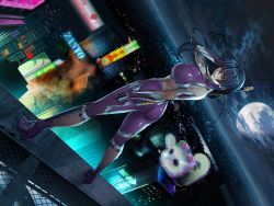 Rule 34 | 1girl, aqua eyes, ass, blue hair, boots, breasts, building, city, cityscape, cloud, feet, female focus, fishnet legwear, fishnets, floating hair, from above, full body, groin, hand up, high heel boots, high heels, holding, holding weapon, igawa asagi, kagami hirotaka, large breasts, legs, legs apart, long hair, looking at viewer, looking back, moon, neon lights, night, outdoors, parted lips, sky, smile, solo, standing, taimanin (series), taimanin asagi, thighs, weapon