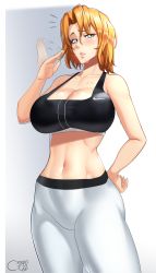 Rule 34 | 1girl, absurdres, alternate costume, artist name, bare shoulders, bleach, blonde hair, border, breasts, castell, cleavage, gradient background, grey background, highres, hip bones, large breasts, matsumoto rangiku, midriff, mole, mole under mouth, navel, pants, simple background, solo, sports bra, sweat, tagme, thighs, toned, white border, white pants