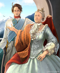 Rule 34 | 1boy, 1girl, austria (hetalia), axis powers hetalia, beaded dress, bird, blue eyes, brown hair, civilization (series), civilization v, cloud, ascot, crossover, day, dress, european clothes, formal, frown, glasses, looking at viewer, maria theresa, queen, sherry lai, sky