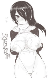 Rule 34 | 10s, 1girl, blush, breast hold, breasts, breasts out, bukkake, closed mouth, cowboy shot, cum, cum on body, cum on breasts, cum on upper body, drawstring, emperor penguin (kemono friends), flying sweatdrops, frown, gloves, greyscale, groin, hair over one eye, headphones, highleg, highleg leotard, hip focus, jacket, kemono friends, large breasts, leotard, long hair, looking at viewer, monochrome, nipples, nose blush, open clothes, open jacket, solo, standing, sweat, thigh gap, thighhighs, turtleneck, watayoshi (suiiho), wavy mouth
