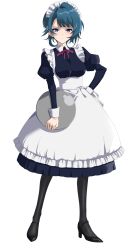 Rule 34 | 1girl, aizawa kazuha, alternate costume, ankle strap, apron, assault lily, asymmetrical hair, black dress, black footwear, black pantyhose, blue eyes, blue hair, blunt bangs, blush, breasts, closed mouth, collared dress, commentary request, dress, enmaided, frilled apron, frills, full body, hair ornament, hairclip, hand on own hip, high heels, holding, holding tray, juliet sleeves, long sleeves, looking at viewer, maid, maid apron, maid headdress, medium breasts, mototenn, neck ribbon, pantyhose, pink ribbon, puffy sleeves, pumps, ribbon, short hair, simple background, solo, standing, strappy heels, sweatdrop, tray, underbust, white apron, white background