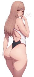 1girl ass back_cutout bare_arms bare_shoulders blush brown_hair clothing_cutout competition_swimsuit from_behind goddess_of_victory:_nikke hand_up highleg highres long_hair looking_at_viewer looking_back lvl_(sentrythe2310) one-piece_swimsuit rapi_(nikke) red_eyes simple_background solo standing swimsuit thighs white_background