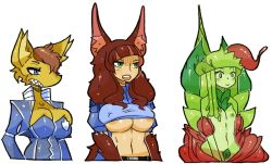 Rule 34 | 3girls, animal ears, areola slip, blue eyes, blush stickers, breasts, brown hair, bursting breasts, censored, colored skin, eyebrows, flat chest, fringe trim, furry, furry female, futakuchi-onna, gats (nougats), green eyes, green skin, inverted nipples, leaf, lips, long hair, long tongue, monster girl, multiple girls, nipple slip, nipples, novelty censor, plant girl, sharp teeth, smile, snout, teeth, tongue, tongue out, trials in tainted space, underboob, uniform