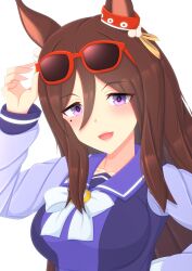 Rule 34 | 1girl, 2-butani, absurdres, animal ears, blush, breasts, brown hair, commentary request, ear ornament, eyewear on head, highres, horse ears, horse girl, large breasts, long hair, long sleeves, looking at viewer, mole, mole under eye, open mouth, purple eyes, purple shirt, red-framed eyewear, sailor collar, school uniform, seeking the pearl (umamusume), shirt, simple background, smile, solo, sunglasses, tracen school uniform, umamusume, upper body, white background, winter uniform