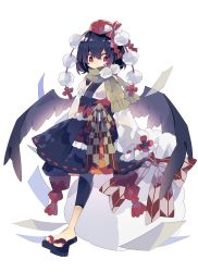 Rule 34 | 1girl, :|, adapted costume, black hair, black skirt, black wings, bow, brown scarf, chinese knot, closed mouth, commentary, flying paper, full body, geta, hat, highres, japanese clothes, kimono, long sleeves, looking at viewer, medium hair, nikorashi-ka, paper, pom pom (clothes), red eyes, red hat, ribbon-trimmed skirt, ribbon-trimmed sleeves, ribbon trim, scarf, shameimaru aya, simple background, skirt, sleeves past fingers, sleeves past wrists, solo, standing, standing on one leg, touhou, waist bow, white background, white bag, white kimono, wings