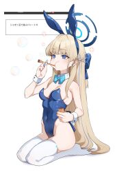 Rule 34 | 1girl, animal ears, aqua bow, aqua bowtie, blonde hair, blue archive, blue bow, blue eyes, blue leotard, bow, bowtie, braid, breasts, bubble, blowing bubbles, bubble pipe, commentary, detached collar, fake animal ears, hair bow, halo, hand up, highleg, highleg leotard, highres, holding, legs, leotard, long hair, looking ahead, medium breasts, mm (mm chair), no shoes, puffy cheeks, rabbit ears, seiza, sideboob, sitting, solo, sparkle, text background, thighhighs, thighs, toki (blue archive), toki (bunny) (blue archive), translation request, white background, white thighhighs, wrist cuffs
