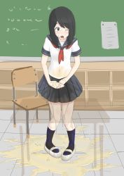 Rule 34 | 1girl, black eyes, black hair, blue socks, blue sailor collar, blush, chair, chalkboard, classroom, crying, desk, dokurohai, drooling, embarrassed, female focus, full body, have to pee, highres, indoors, kneehighs, matching hair/eyes, navel, neckerchief, one eye closed, open mouth, original, own hands together, paper, peeing, peeing self, pigeon-toed, puddle, red neckerchief, sailor collar, saliva, school, school uniform, see-through, serafuku, shirt, shoes, short sleeves, skirt, socks, solo, standing, tears, teeth, wet, wet clothes, white footwear, white shirt
