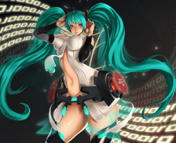 Rule 34 | 1girl, aqua eyes, aqua hair, bad id, bad pixiv id, bare shoulders, binary, breasts, character name, detached sleeves, hatsune miku, hatsune miku (append), kazakami yuu, large breasts, long hair, perspective, skinny, slender, solo, twintails, very long hair, vocaloid, vocaloid append