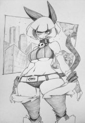 Rule 34 | 1girl, absurdres, belt, belt pouch, bob cut, breasts, cat girl, chronozbergh, cityscape, collar, cowboy shot, crop top, fingerless gloves, gloves, greyscale, highres, large breasts, monochrome, ms. fortune (skullgirls), navel, neck bell, pouch, scar, short hair, skullgirls, solo, thick thighs, thighs, traditional media, underboob, wide hips