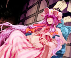 Rule 34 | 1girl, bad id, bad pixiv id, book, bookshelf, bow, chair, crescent, dress, hair bow, hat, highres, john marica, lips, long hair, looking at viewer, mob cap, nose, parted lips, patchouli knowledge, purple eyes, purple hair, reclining, ribbon, robe, sidelocks, solo, touhou, very long hair