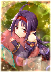 Rule 34 | 10s, 1girl, ahoge, bare shoulders, blurry, blush, bokeh, cushion, depth of field, fingerless gloves, gabiran, gloves, hairband, holographic monitor, konno yuuki (sao), long hair, long sleeves, looking at viewer, hugging object, parted lips, pillow, pillow hug, pointy ears, purple gloves, purple hair, red eyes, red hairband, solo, sparkle, sword art online, very long hair, wooden floor, yuuki (sao)