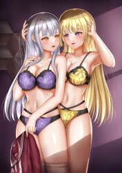 Rule 34 | 2girls, armpits, arms up, assault lily, bare arms, bare shoulders, behind another, blonde hair, blunt bangs, blush, bra, breasts, brown sailor collar, cleavage, collarbone, commentary request, cowboy shot, eye contact, floral print, grey hair, hand in own hair, hand on another&#039;s head, hand on own shoulder, hand up, highres, holding, holding clothes, holding shirt, imai tomohiro, indoors, jewelry, kanba girls high school uniform, kon kanaho, large breasts, light smile, long hair, long sleeves, looking at another, looking to the side, miyagawa takane, multi-strapped panties, multiple girls, navel, necktie, panties, parted lips, print bra, print panties, purple bra, purple panties, red shirt, ring, sailor collar, school uniform, serafuku, shade, shirt, unworn shirt, sidelocks, standing, stomach, thighhighs, underwear, underwear only, undone necktie, very long hair, white necktie, white thighhighs, yellow bra, yellow panties, yuri