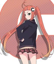 Rule 34 | 1girl, ahoge, character request, copyright request, from behind, green eyes, hair ornament, hand on own hip, haruyama kazunori, long hair, looking at viewer, looking back, panties, pink skirt, plaid, plaid skirt, pleated skirt, red hair, school uniform, skirt, solo, twintails, underwear, white panties