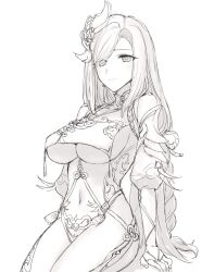 Rule 34 | 1girl, bodysuit, braid, breast curtains, breasts, closed mouth, clothing cutout, detached sleeves, earrings, genshin impact, greyscale, hair ornament, hair over one eye, highres, hip vent, jewelry, large breasts, long hair, looking at viewer, low-braided long hair, low-tied long hair, monochrome, sbs, shenhe (genshin impact), simple background, sketch, solo, tassel, tassel earrings, underboob, very long hair