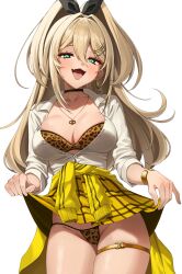 Rule 34 | 1girl, :d, absurdres, animal print, blonde hair, blush, bra, bra peek, breasts, checkered clothes, checkered skirt, choker, cleavage, clothes around waist, clothes lift, collarbone, goddess of victory: nikke, gold bracelet, green eyes, hair between eyes, hair intakes, highres, jacket, jacket around waist, jewelry, large breasts, leopard print, long hair, necklace, open mouth, panties, ponytail, rupee (nikke), salty gana, shirt, simple background, skirt, skirt lift, smile, solo, thighlet, unbuttoned, unbuttoned shirt, underwear, white background, white shirt, yellow jacket, yellow skirt