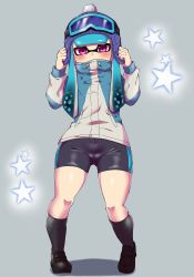 Rule 34 | 1girl, adjusting clothes, adjusting headwear, bike shorts, black footwear, black shorts, black socks, blue hair, blue headwear, blue jacket, blunt bangs, bobblehat, commentary, covered mouth, full body, goggles, goggles on headwear, grey background, groin, highres, inkling, inkling girl, inkling player character, jacket, long hair, long sleeves, looking at viewer, mask, nintendo, penguin maru (penginmaru), purple eyes, shadow, shoes, short shorts, shorts, single vertical stripe, socks, solo, standing, star (symbol), starry background, tentacle hair