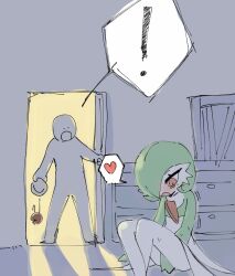 Rule 34 | !, . ., 1boy, 1girl, an (koreaajw1313), apple, arm at side, between legs, blush, bob cut, colored skin, creatures (company), crossed legs, dark, dropping, female masturbation, flat chest, food, fruit, full body, game freak, gardevoir, gen 3 pokemon, green hair, green skin, hair over one eye, hand between legs, heart, holding, holding plate, indoors, knees up, looking down, masturbation, motion lines, multicolored skin, nintendo, nose blush, one eye covered, open mouth, plate, pokemon, pokemon (creature), red eyes, shadow, short hair, sitting, sketch, speech bubble, spoken exclamation mark, spoken heart, standing, sweat, two-tone skin, white skin