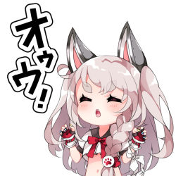 Rule 34 | 1girl, animal ears, azur lane, blue nails, blush, bow, braid, breasts, closed eyes, crop top, facing viewer, fang, fingerless gloves, gloves, hair ornament, hands up, long hair, medium breasts, multicolored nails, nail polish, open mouth, pikomarie, pink nails, puffy short sleeves, puffy sleeves, red bow, red gloves, red nails, shirt, short sleeves, side braid, silver hair, simple background, solo, thick eyebrows, translated, v-shaped eyebrows, very long hair, white background, white shirt, wolf ears, yellow nails, yuudachi (azur lane)