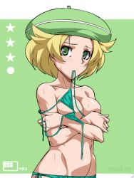 Rule 34 | 1girl, bianca (pokemon), bikini, bikini in mouth, blonde hair, blush, clothes in mouth, covering breasts, covering privates, creatures (company), game freak, green background, green bikini, green eyes, green hat, groin, hat, jaga note, mouth hold, navel, nintendo, pokemon, short hair, side-tie bikini bottom, solo, swimsuit, swimsuit in mouth, untied bikini