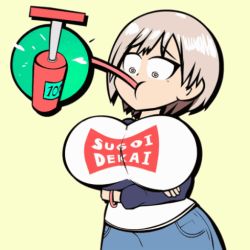 Rule 34 | 1girl, @ @, animated, animated gif, arms under breasts, artist request, breast expansion, breasts, crossed arms, huge breasts, inflation, lowres, pump, pumping, short hair, simple background, solo, standing, sugoi dekai, uzaki-chan wa asobitai!, uzaki hana, yellow background