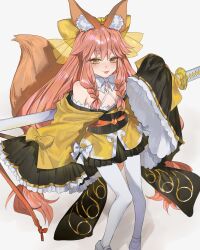 Rule 34 | 1girl, absurdres, animal ear fluff, animal ears, bare shoulders, black skirt, bow, braid, breasts, fate/samurai remnant, fate (series), fox ears, fox girl, fox tail, hair between eyes, hair bow, highres, japanese clothes, katana, kimono, long hair, looking at viewer, obi, off shoulder, pantyhose, pink hair, sash, sidelocks, skirt, small breasts, smile, solo, sword, tail, tamamo (fate), tamamo aria (fate), thighs, twintails, weapon, white pantyhose, wide sleeves, yellow bow, yellow eyes, yellow kimono, yurumawari