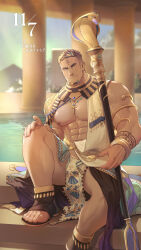 Rule 34 | 1boy, abs, absurdres, ankh, arm tattoo, armlet, bara, bare pectorals, bathhouse, black hair, blurry, blurry background, bracer, closed mouth, crave saga, dark-skinned male, dark skin, dated, egyptian clothes, facial hair, facial mark, forehead mark, goatee, gorou naoki, hand on own knee, hieroglyphics, highres, holding, holding staff, jewelry, loincloth, looking at viewer, male focus, multicolored hair, muscular, muscular male, necklace, nipples, pectorals, sandals, shendyt, short hair, sitting, sitting on stairs, smile, solo, staff, stairs, tattoo, thick eyebrows, thick thighs, thighs, uas (crave saga), undercut, usekh collar, veins, veiny arms, veiny pectorals