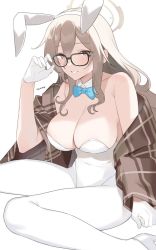 Rule 34 | 1girl, akane (blue archive), akane (bunny) (blue archive), animal ears, black-framed eyewear, blue archive, blush, bow, bowtie, breasts, cleavage, detached collar, glasses, gloves, green bow, green bowtie, halo, highres, large breasts, leotard, light brown hair, long hair, looking at viewer, pantyhose, plaid shawl, playboy bunny, rabbit ears, shawl, simple background, sitting, smile, solo, very long hair, wariza, wavy hair, white gloves, white leotard, white pantyhose, yuuhi homare