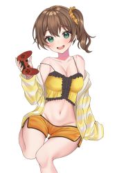 Rule 34 | 1girl, artist request, blush, breasts, brown hair, camisole, cleavage, collarbone, green eyes, groin, hair between eyes, highres, hololive, looking at viewer, natsuiro matsuri, natsuiro matsuri (matsuri&#039;s day off), navel, open mouth, playstation controller, scrunchie, short shorts, shorts, side ponytail, smile, solo, sweater, virtual youtuber, white background