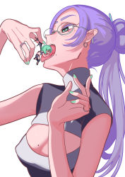 Rule 34 | 2girls, breasts, cleavage cutout, clothing cutout, colored eyelashes, demon wings, earrings, female focus, giant, giantess, glasses, green eyes, green hair, green nails, hair bun, highres, jewelry, mole, mole on breast, mole under eye, mole under mouth, multiple girls, nail polish, nn ssmmdd, open mouth, original, ponytail, scared, simple background, single hair bun, size difference, sleeveless, tongue, tongue out, upper body, vore, white background, wings