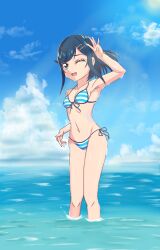 Rule 34 | 1girl, armpits, bikini, blue hair, blue sky, bob cut, breasts, cloud, cloudy sky, commentary, day, delicious party precure, front-tie bikini top, front-tie top, fuwa kokone, green eyes, hair ornament, hairclip, highres, horizon, looking at viewer, merit (user cmvj8887), navel, ocean, one eye closed, open mouth, outdoors, precure, short hair, side-tie bikini bottom, sky, small breasts, smile, solo, standing, striped bikini, striped clothes, swimsuit, wading, water, wet, wind