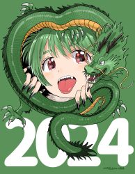 Rule 34 | 1girl, 2024, absurdres, black nails, chinese zodiac, close-up, commentary, dragon, eastern dragon, fangs, fingernails, green background, green hair, highres, long fingernails, looking at viewer, nagomurasan, open mouth, original, red eyes, simple background, solo, symbol-only commentary, teeth, tongue, tongue out, year of the dragon