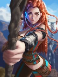 Rule 34 | 1girl, aloy (horizon), armor, blue sky, bow, braid, brown hair, cloud, day, freckles, grass, green eyes, horizon (video game), horizon zero dawn, lolliedrop, long hair, looking at viewer, open mouth, pants, sky, solo, watermark, weapon