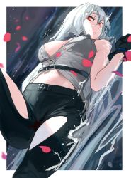 Rule 34 | 1girl, arknights, black gloves, black pants, breasts, cherry blossoms, cleavage, clothing cutout, commentary, cowboy shot, dutch angle, expressionless, gloves, grey shirt, hair between eyes, highres, knee up, large breasts, long hair, looking at viewer, lying, mare funo, midriff, navel, no headwear, no headwear, on back, on water, pants, parted lips, partially unbuttoned, petals, red eyes, shirt, silver hair, skadi (arknights), sleeveless, sleeveless shirt, solo, thigh cutout, wet, wet hair