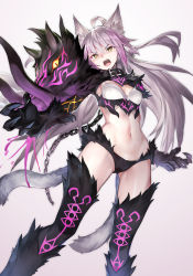 Rule 34 | 1girl, agrius metamorphosis, ahoge, animal ears, atalanta (fate), atalanta alter (fate), belt collar, black thighhighs, blush, breasts, cat ears, cat tail, chain, claws, collar, commentary request, crop top, fate/grand order, fate (series), fur, gluteal fold, grey background, hair between eyes, multiple girls, multiple tails, navel, open mouth, solo, standing, tail, thighhighs, yellow eyes, yoshimo (yoshimo1516)