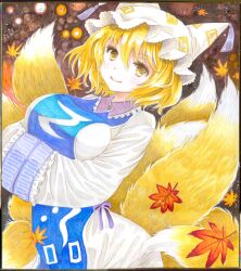 Rule 34 | 1girl, autumn leaves, blonde hair, breasts, closed mouth, commentary request, fox girl, fox tail, hajike akira, hands in opposite sleeves, hat, highres, kitsune, large breasts, leaf, looking at viewer, maple leaf, mob cap, multiple tails, short hair, smile, solo, tail, touhou, white hat, yakumo ran, yellow eyes