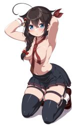 Rule 34 | 1girl, ahoge, black skirt, black thighhighs, blue eyes, braid, breasts, brown hair, dated, dd (ijigendd), hair flaps, highres, kantai collection, long hair, looking at viewer, medium breasts, navel, necktie, parted lips, pleated skirt, red necktie, shigure (kancolle), shigure kai san (kancolle), signature, simple background, single braid, skirt, solo, thighhighs, twitter username, white background