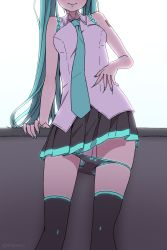 Rule 34 | 1girl, aqua hair, aqua nails, aqua necktie, arm support, artist name, backlighting, bad id, bad pixiv id, bare arms, bare shoulders, black panties, black skirt, black thighhighs, blouse, breasts, closed mouth, collared shirt, commentary, facing viewer, feet out of frame, female focus, fingernails, frilled shirt, frills, grey shirt, hatsune miku, hatsune miku (vocaloid4), head out of frame, highres, long hair, medium breasts, miniskirt, nail polish, necktie, panties, panties day, panty pull, pleated skirt, shapoco, shirt, skindentation, skirt, sleeveless, sleeveless shirt, solo, standing, thighhighs, thighs, twintails, twitter username, underwear, very long hair, vocaloid, white background, zettai ryouiki