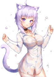 Rule 34 | 1girl, :3, absurdres, ahoge, animal ear fluff, animal ears, black choker, blouse, blush, breasts, bubble, cat ears, cat girl, cat tail, choker, cleavage, collarbone, collared shirt, commentary, cowboy shot, fang, hands up, highres, holding, holding ribbon, hololive, ijac ray, large breasts, long hair, long sleeves, looking at viewer, nekomata okayu, nekomata okayu (oversized shirt), official alternate costume, parted lips, purple eyes, purple hair, purple ribbon, ribbon, shirt, simple background, skin fang, solo, standing, tail, virtual youtuber, wet, wet clothes, wet shirt, white background, white shirt