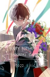 Rule 34 | 1boy, acca mha15, backlighting, banner, blue eyes, blurry, blurry foreground, boku no hero academia, bouquet, bow, box, burn scar, character name, dated, elbow on knee, english text, flower, foreground text, gift, gift box, hair between eyes, happy birthday, head down, heterochromia, holding, holding bouquet, long bangs, looking at viewer, male focus, multicolored hair, red hair, ribbon, scar, scar on face, school uniform, short hair, sitting, smile, solo, split-color hair, streamers, todoroki shouto, two-tone hair, u.a. school uniform, white hair