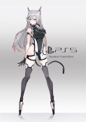 Rule 34 | 1girl, animal ears, bare hips, bare shoulders, black gloves, black hair, blue eyes, blush, braid, breasts, cable, cable tail, closed mouth, clothes writing, electric plug, fake tail, fox ears, full body, game console, gloves, gradient background, grey background, grey thighhighs, hand on own chest, highres, long hair, looking at viewer, mechanical tail, medium breasts, multicolored hair, original, personification, playstation 5, power symbol, product girl, reflection, reflective floor, reisun001, side braid, silver hair, skindentation, smile, solo, sony, standing, streaked hair, tail, thighhighs, very long hair