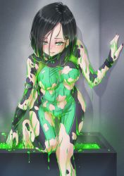 Rule 34 | 1girl, animification, barefoot, bathtub, black hair, blush, bodysuit, breasts, closed mouth, commentary request, fingernails, green bodysuit, green eyes, hand on wall, highres, leg up, liquid, looking at viewer, nail polish, no mask, poison, purple nails, roro rosset, short hair, skin tight, solo, standing, standing on one leg, thigh gap, torn bodysuit, torn clothes, underboob, valorant, viper (valorant), wet, wet clothes