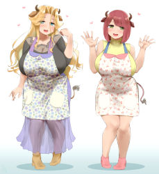 Rule 34 | 2girls, animal ears, apron, bare shoulders, blonde hair, blue eyes, blush, breasts, cherry print, cleavage, cow ears, cow girl, cow horns, cow tail, curly hair, curvy, eyes visible through hair, flower print, food print, green eyes, hair between eyes, heart, highres, horns, huge breasts, ikinari mojio, large breasts, legs, long hair, looking at viewer, miniskirt, monster girl, multiple girls, no nose, open mouth, original, pink footwear, pocket, red hair, see-through, see-through skirt, shiny skin, short hair, skirt, smile, standing, tail, thick thighs, thighs, w arms, wide hips, yellow footwear