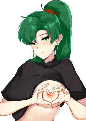 Rule 34 | 1girl, absurdres, alternate costume, blush, breasts, closed mouth, clothes lift, fire emblem, fire emblem: the blazing blade, green eyes, green hair, heart, heart-shaped boob challenge, heart hands, highres, large breasts, long hair, looking at viewer, lyn (fire emblem), nintendo, nipples, no bra, nose blush, one breast out, ormille, shirt lift, short sleeves, simple background, smile, solo, upper body, white background